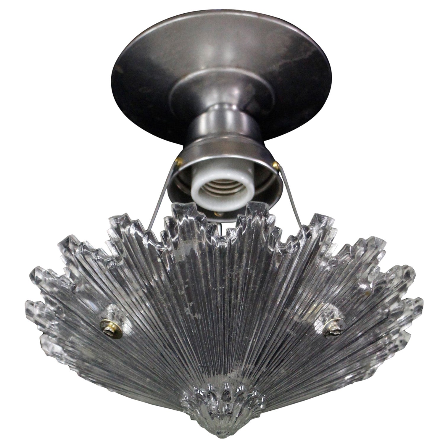 Art Deco Semi Flush Mount Light w/ Sunburst Glass Shade  For Sale