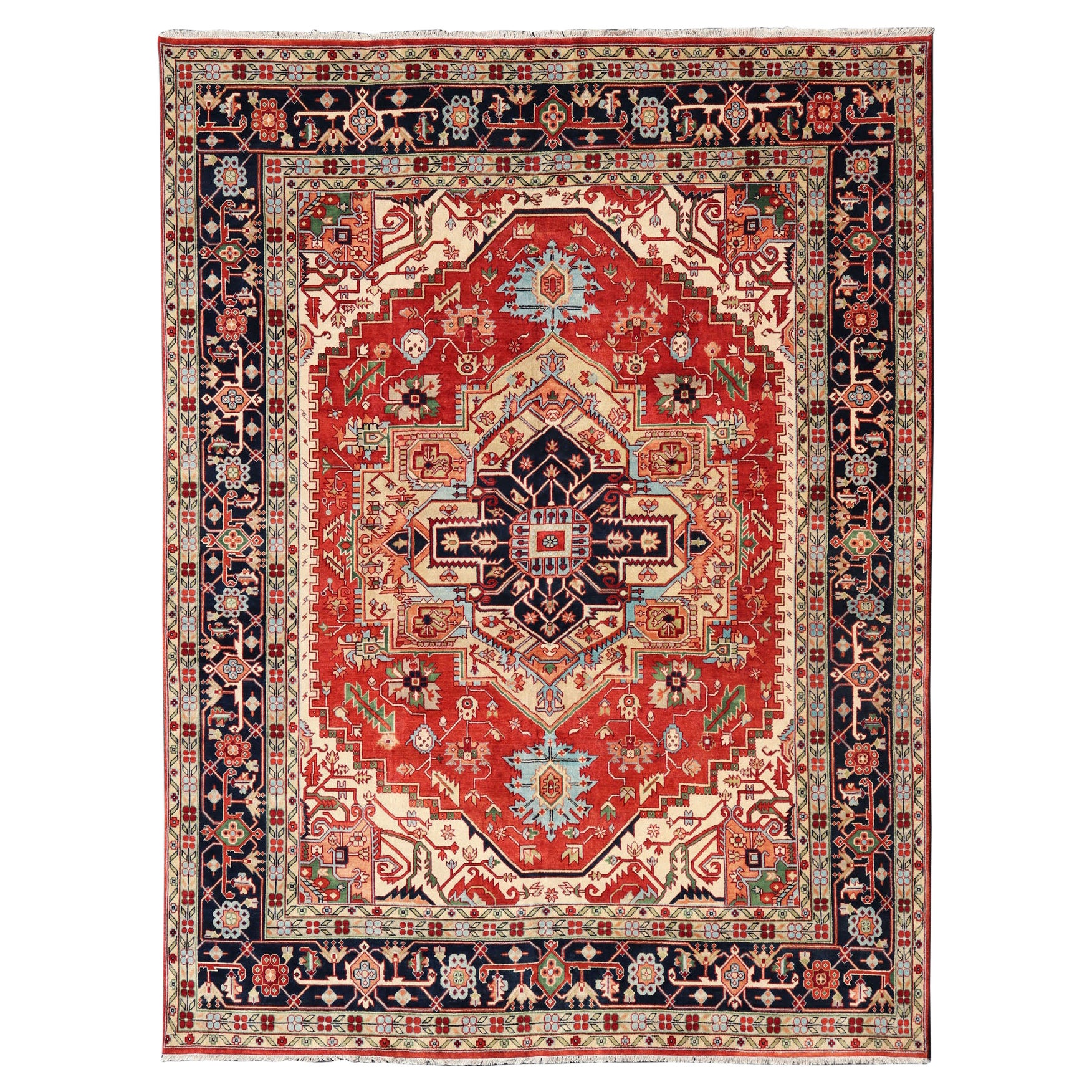 Large Reproduction Searpi-Heriz Medallion Geometric Hand-Knotted Carpet  For Sale