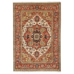 Large Hand-Knotted Heriz-Serapi Design with Geometric Medallion in softer Tones