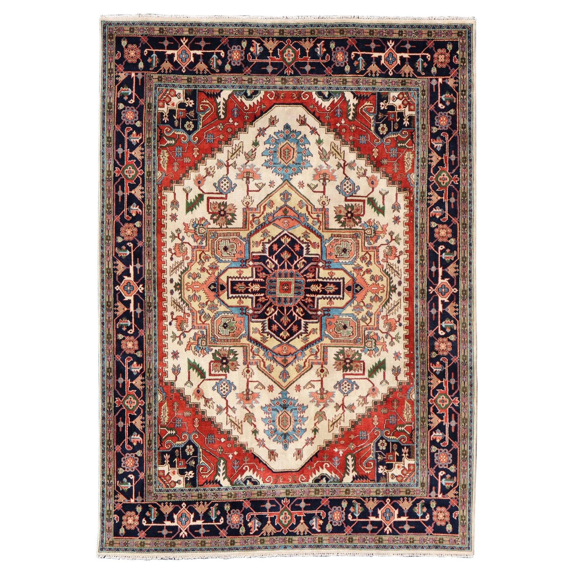 Large Hand-Knotted Heriz-Serapi Design with Geometric Medallion in Jewel Colors
