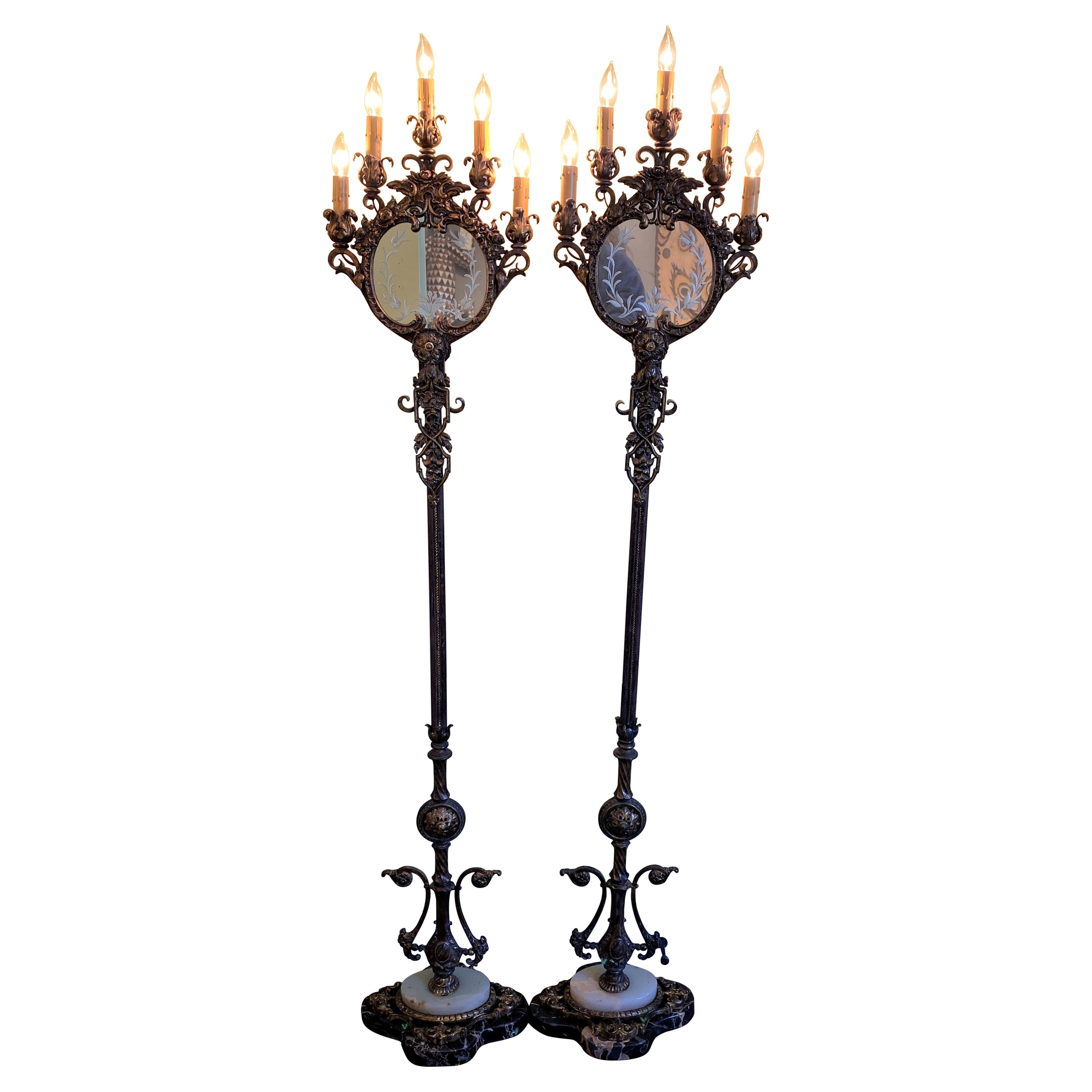 Pair of Early 20th Century Wrought Iron & Marble 5-Light Mirrored Torchieres