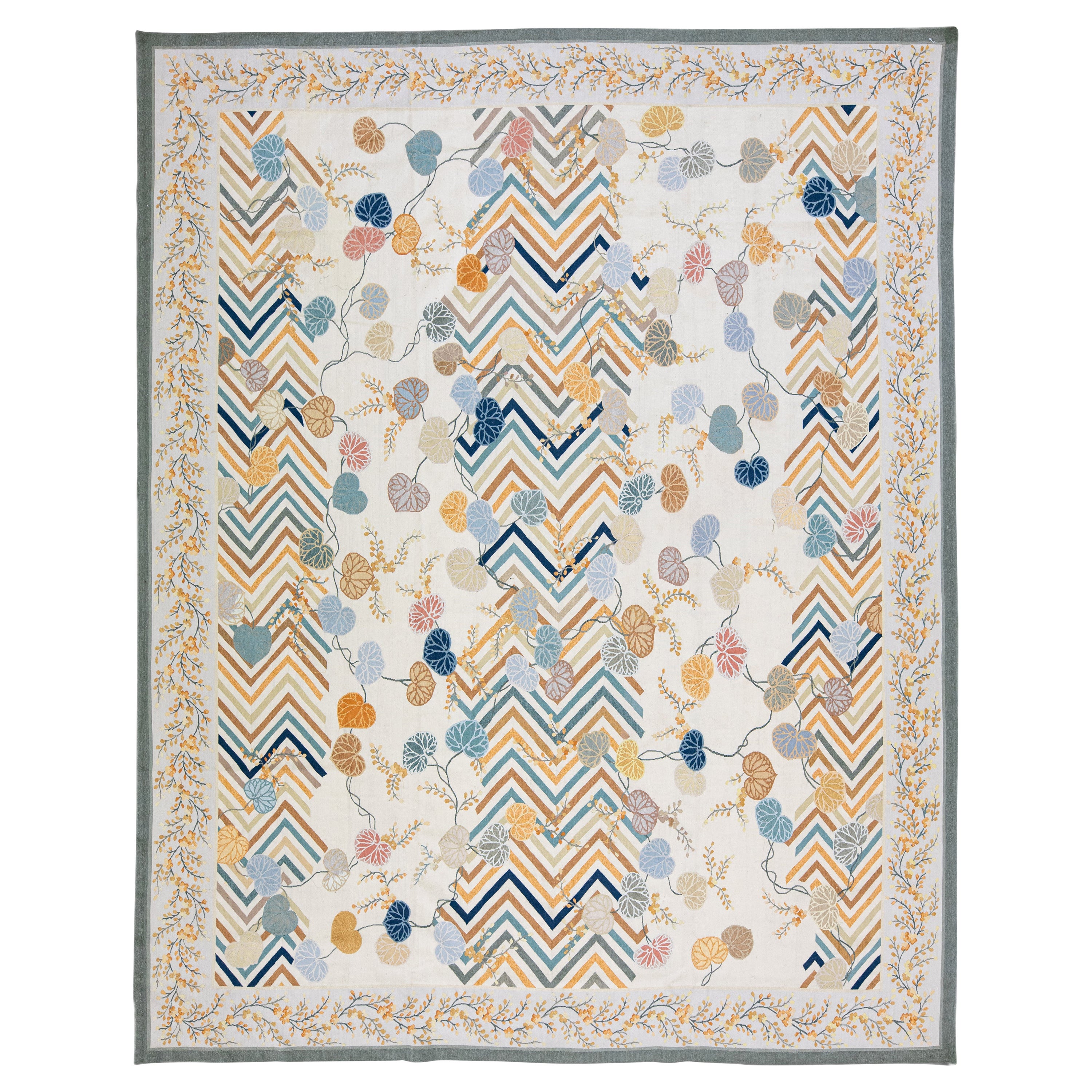 Ivory Vintage Portuguese Aubusson Needlepoint Allover Designed Wool Rug