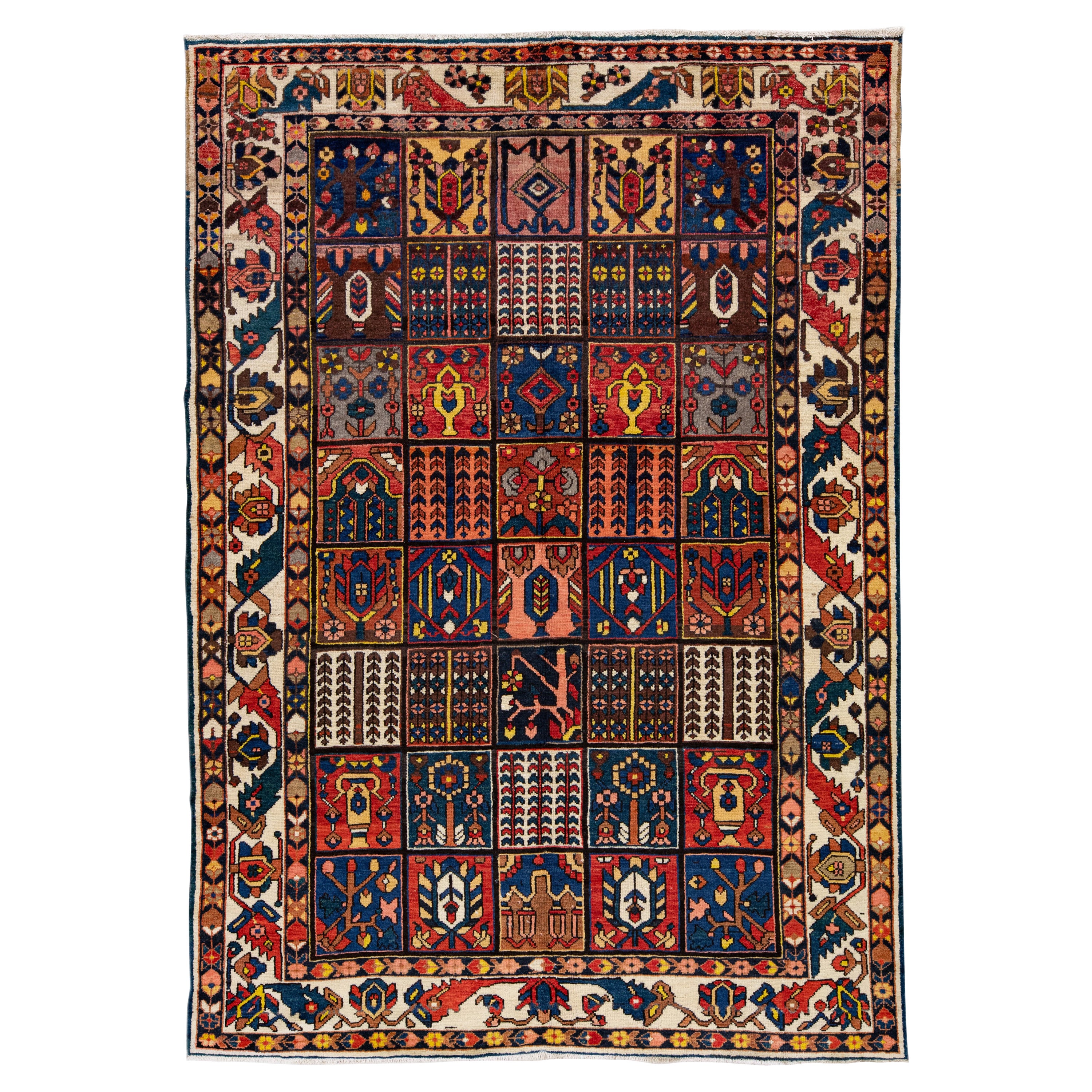 Multicolor Antique Persian Bakhtiari Handmade Allover Designed Wool Rug For Sale