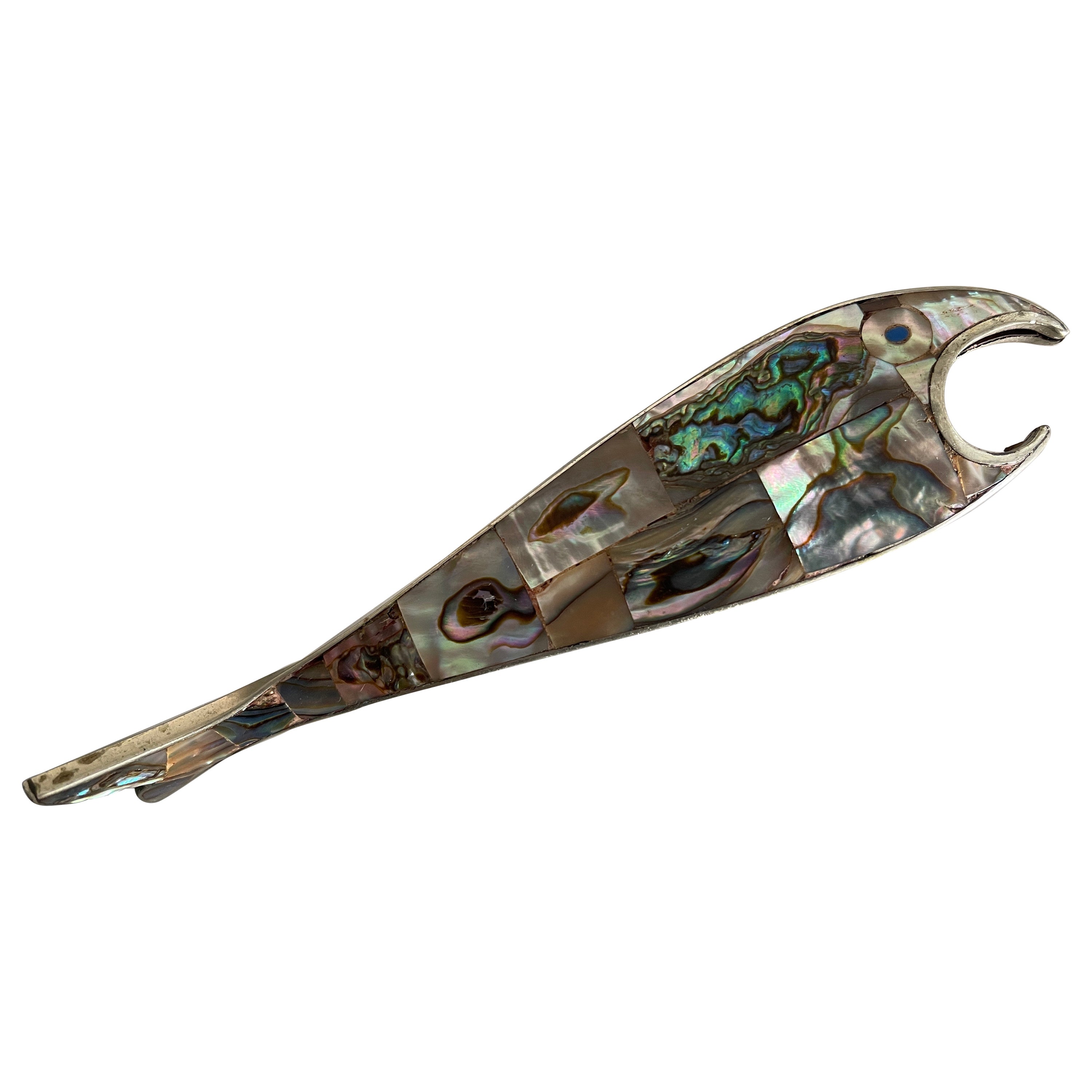 Midcentury Mexican Abalone Fish Alpaca Silver Bottle Opener