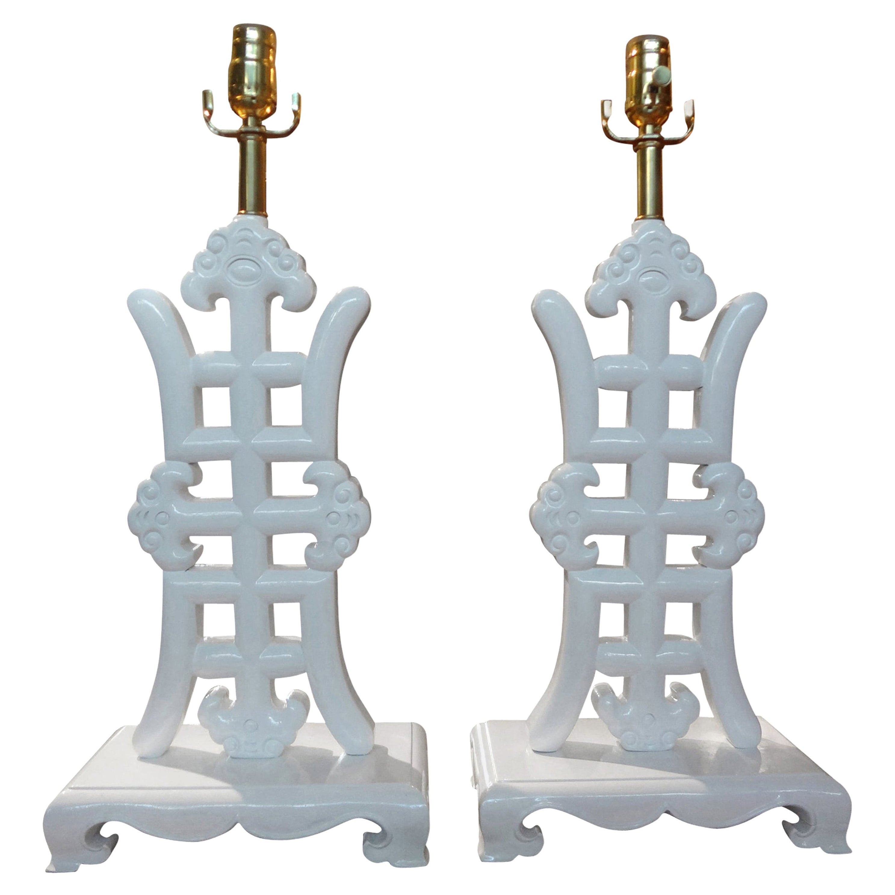 Pair of Asian Modern James Mont Style White Lacquered Lamps
