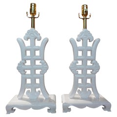 Pair of Asian Modern James Mont Style White Lacquered Lamps