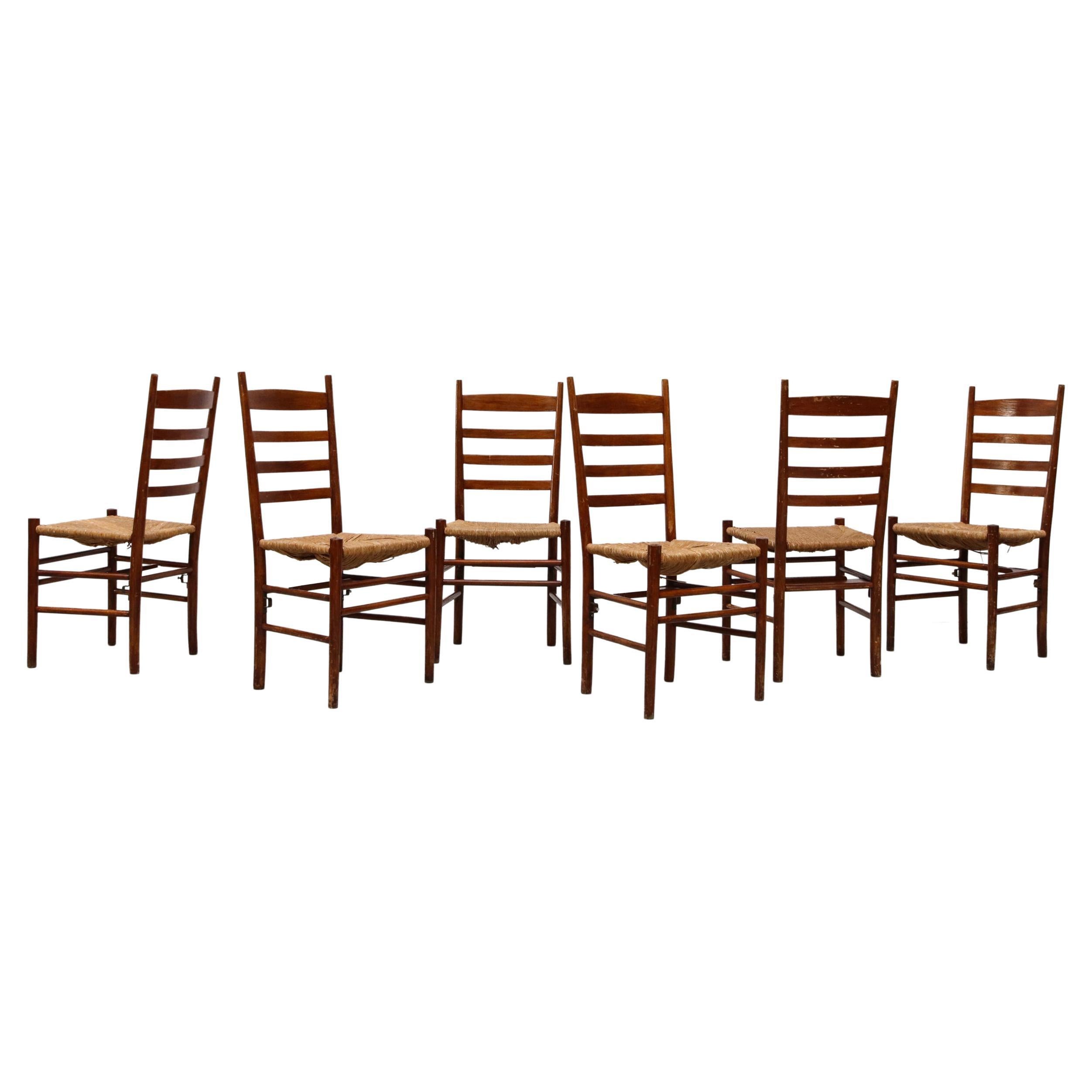 Quaker Style Ladder Back Dining Chairs with Rush Seats and Bible Shelf For Sale