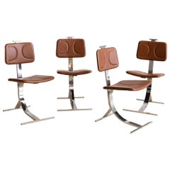 Mid Century Set of 4 Chrome and Brown Leather Chairs