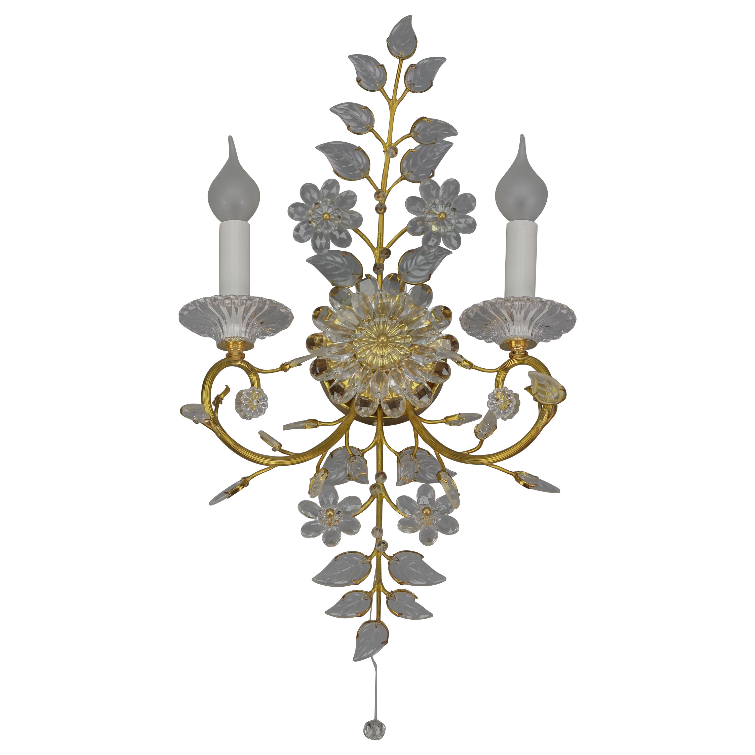 Palme & Walter Crystal and Brass Floral Wall Sconce by Palwa, Germany, 1960s For Sale