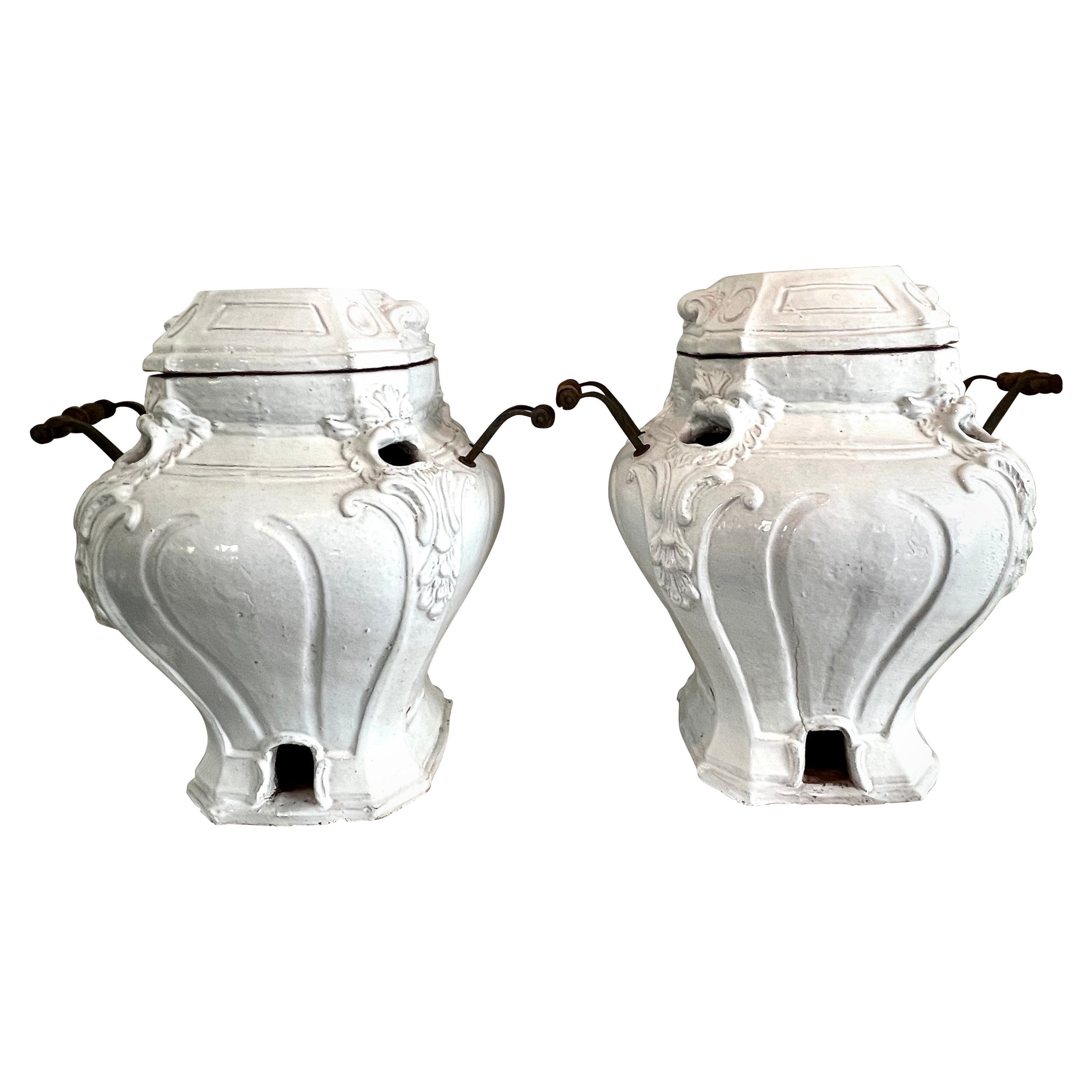 Pair of Glazed Terracotta Garden Urns or Jardinieres with Metal and Wood Handles For Sale