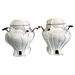 Pair of Glazed Terracotta Garden Urns or Jardinieres with Metal and Wood Handles