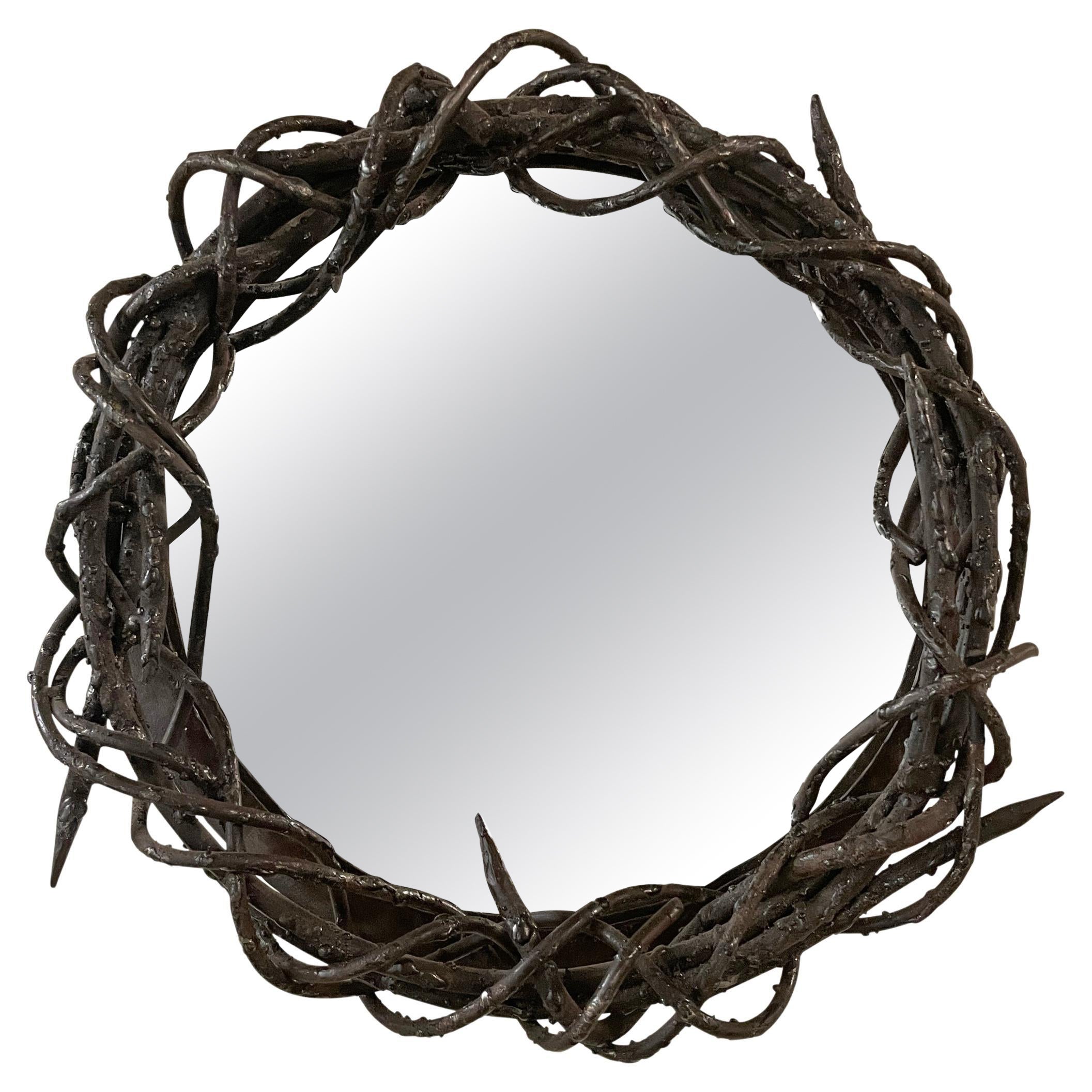 Folk Art Wrought Iron Thorny Vine Framed Mirror