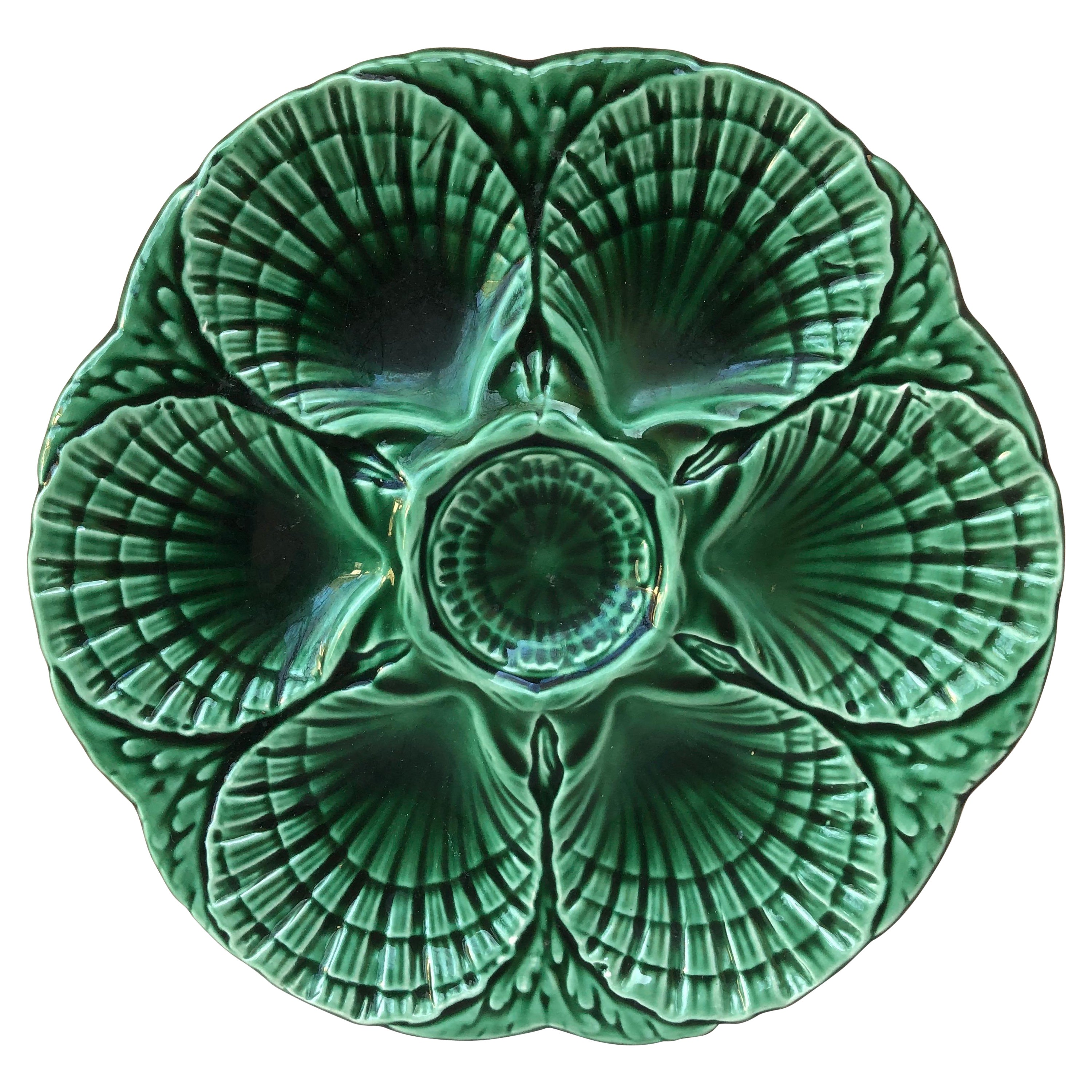 French Green Majolica Oyster Plate Sarreguemines, circa 1930