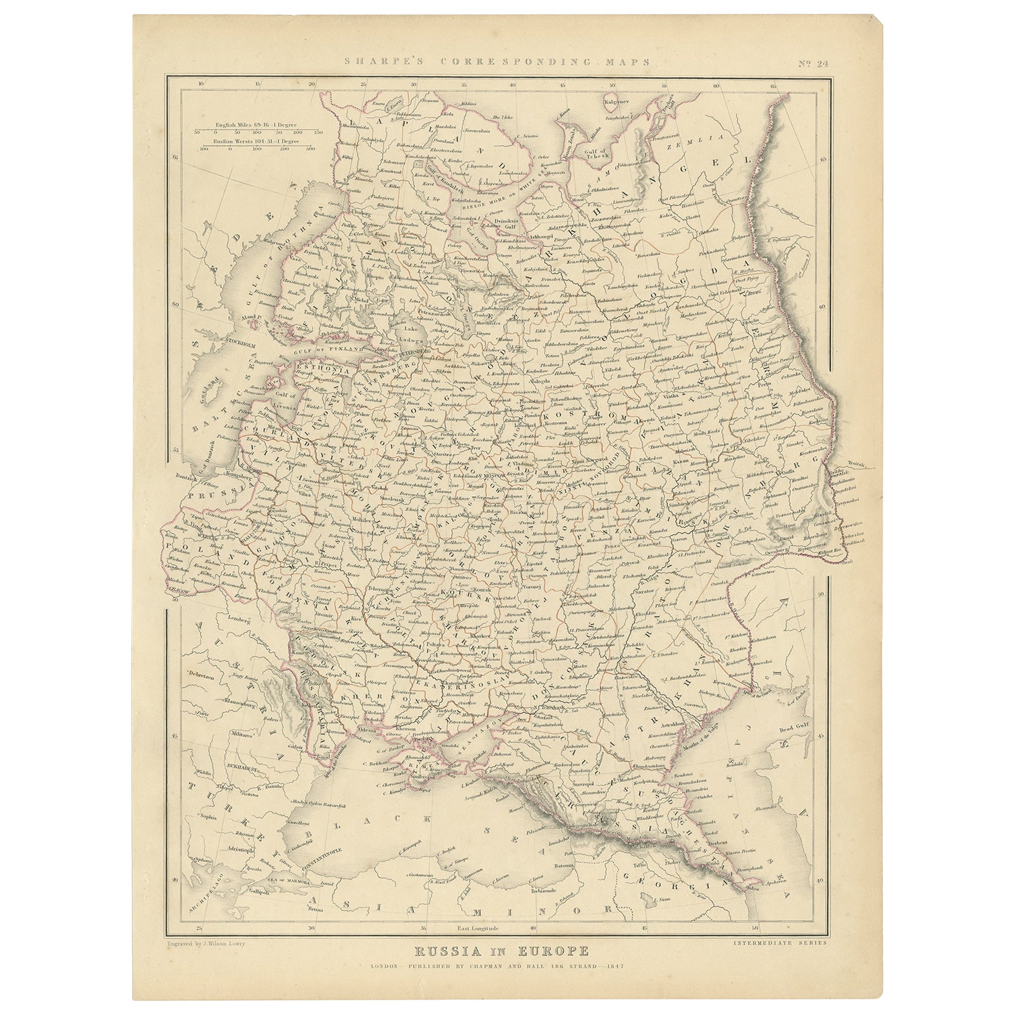 Old Original Map of Russia in Europe, 1849 For Sale