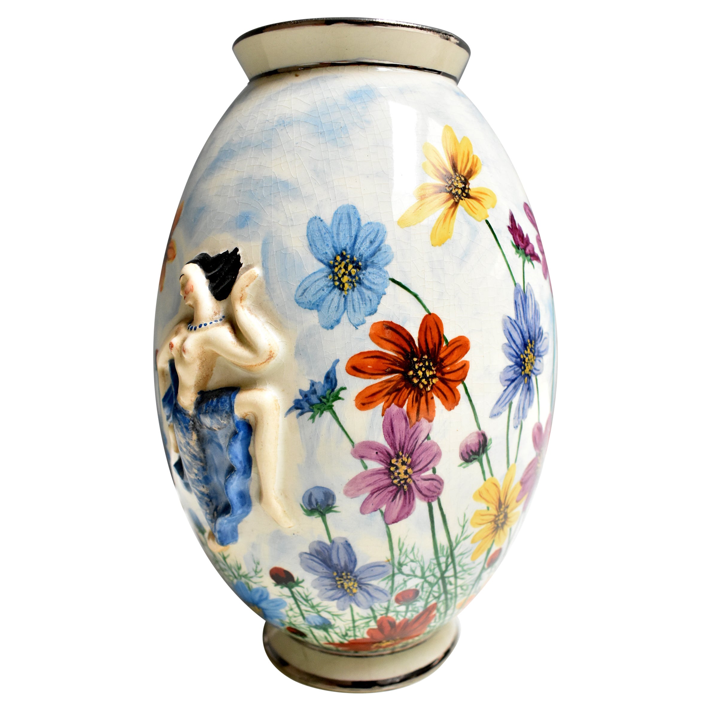 1950, Vintage White Ceramic Vase, with Signed Floral Painting on the Bottom For Sale