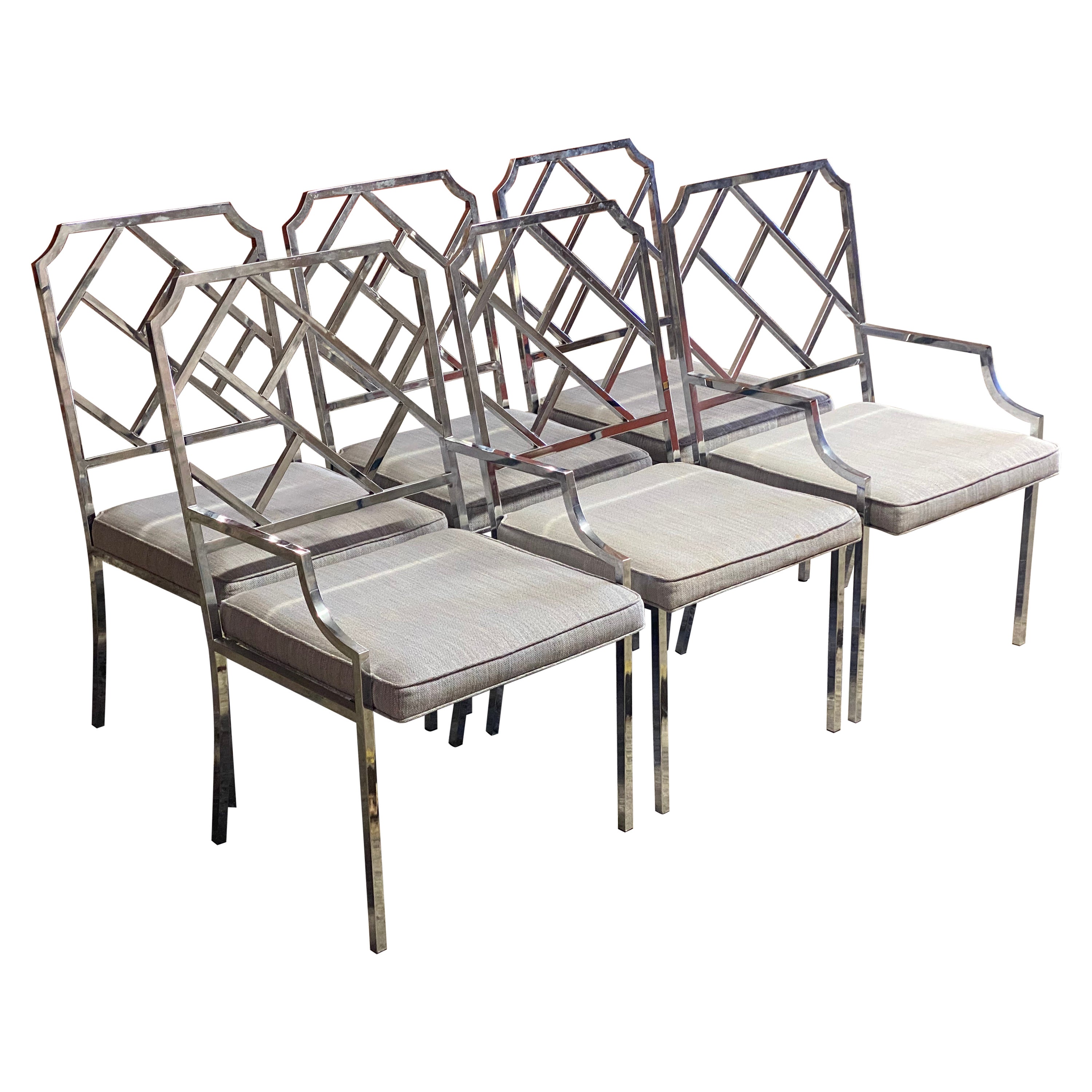 DIA Chrome Chinese Chippendale Style Dining Chairs, Set of Six