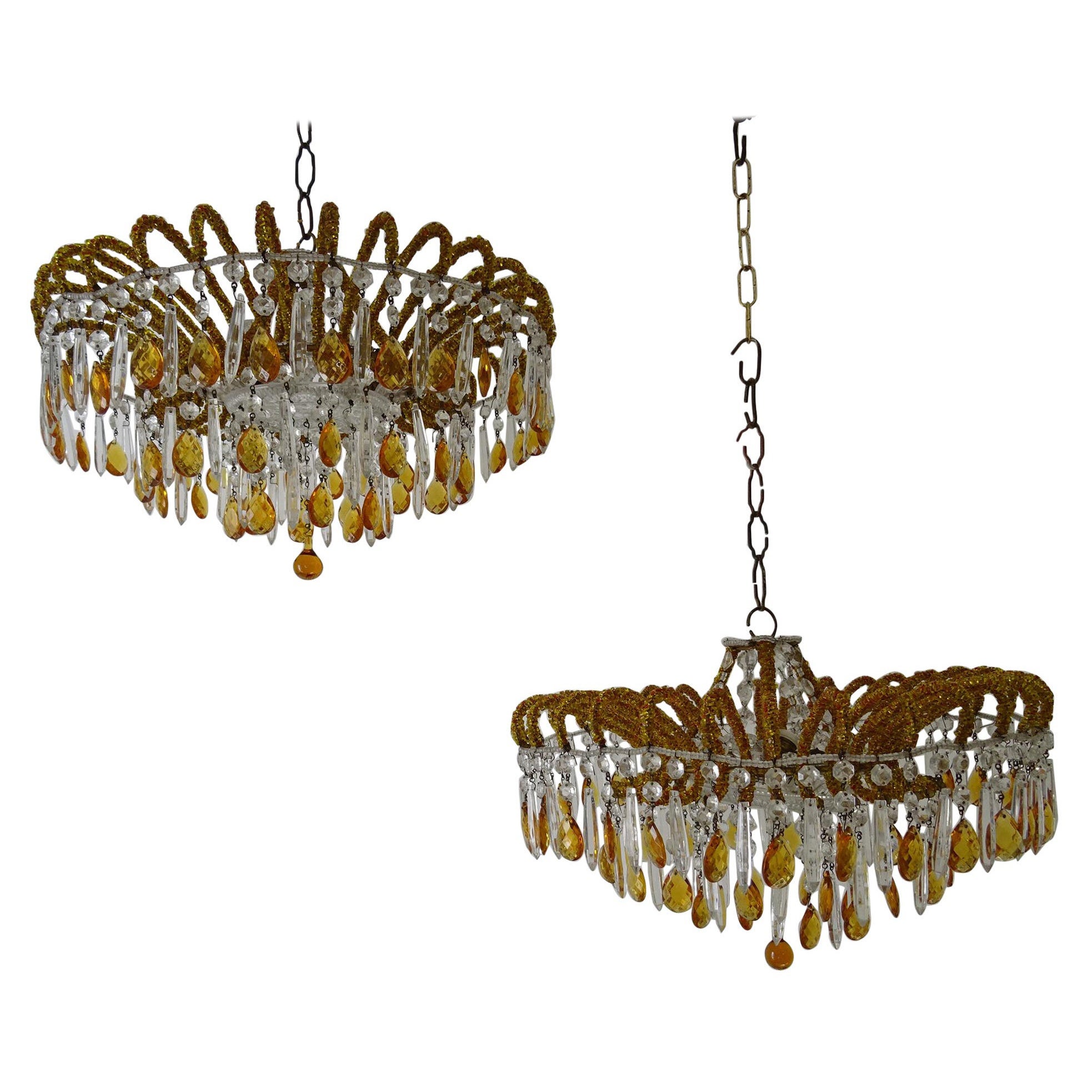 1 of 2 Italian Micro-Beaded Yellow Amber Flush Mount Crystal Prisms Chandelier For Sale