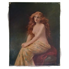 19th Century Oil on Canvas Painting Young Lady with Red Hair Half Nude
