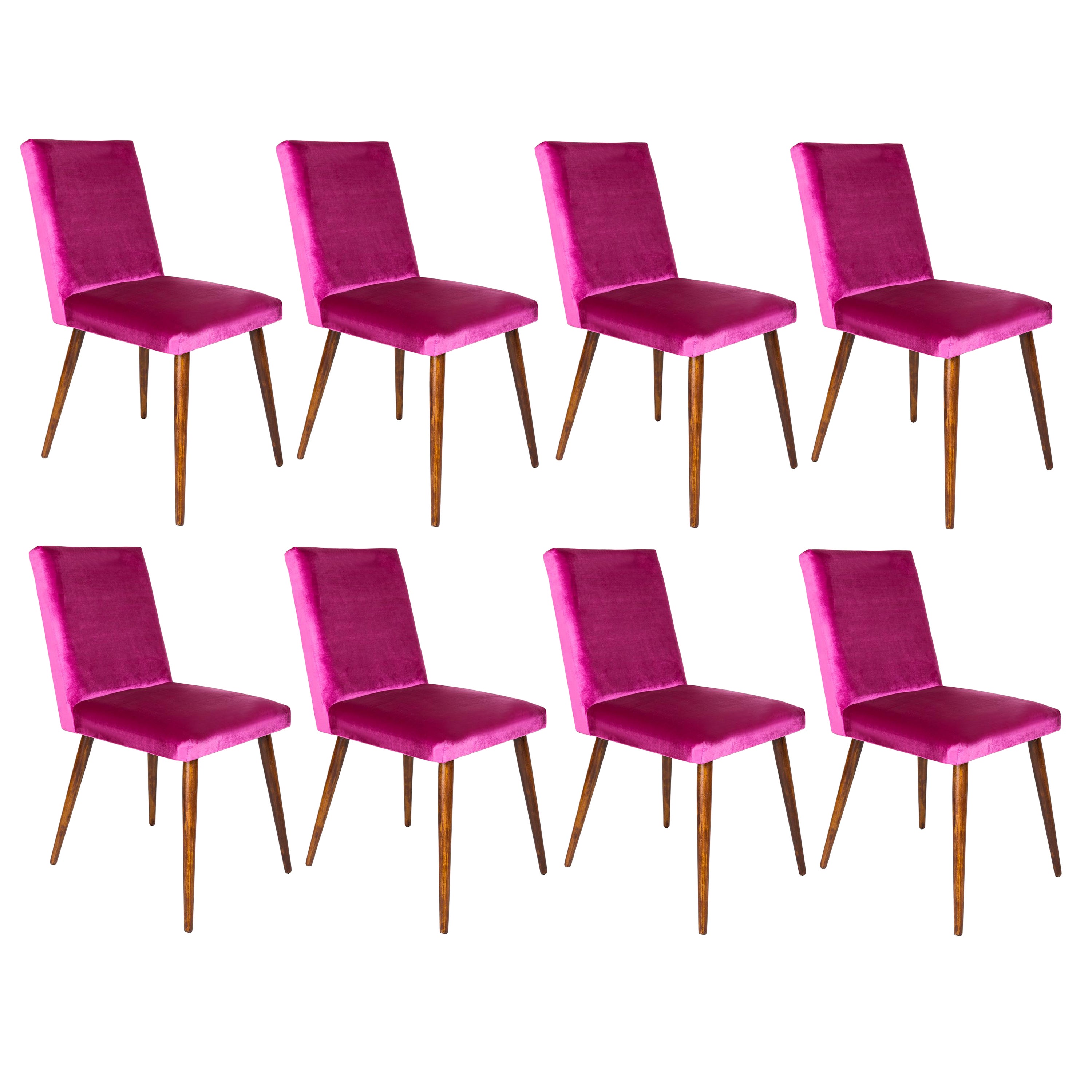 Set of Eight Mid Century Magenta Glossy Pink Velvet Chairs, Europe, 1960s For Sale