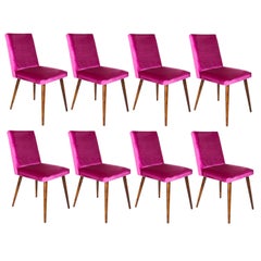 Set of Eight Mid Century Magenta Glossy Pink Velvet Chairs, Europe, 1960s