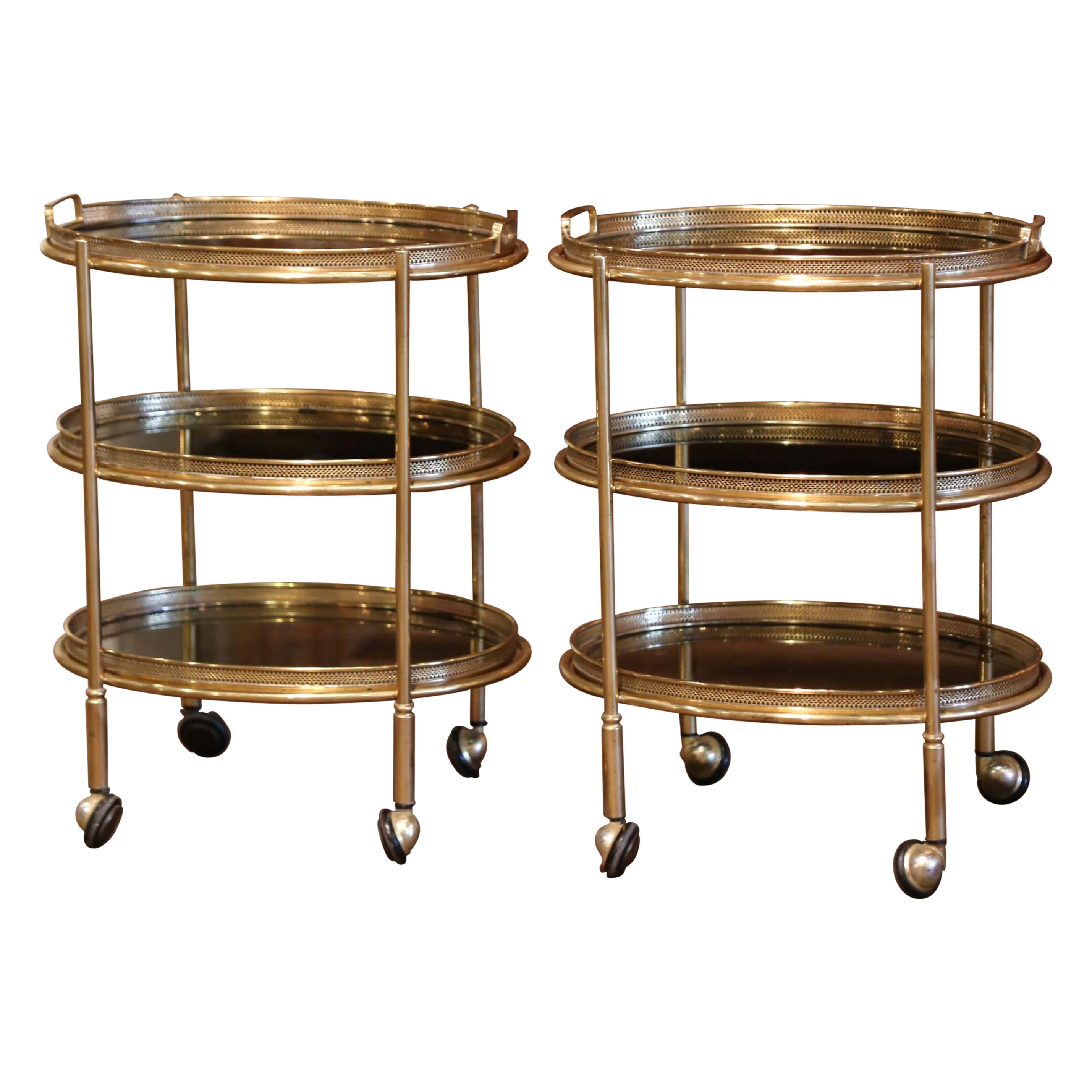 Pair of Mid-Century French Brass and Smoked Glass Three-Tier Service Bar Carts