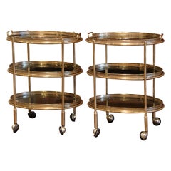 Antique Pair of Mid-Century French Brass and Smoked Glass Three-Tier Service Bar Carts