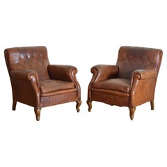 Pr Italian Late Art Deco Poltrona Frau Leather Upholstered Club Chairs, ca. 1940