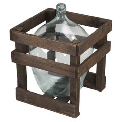 Antique Demijohn or Carboy Glass Vessel in the Original Wooden Carrying Crate