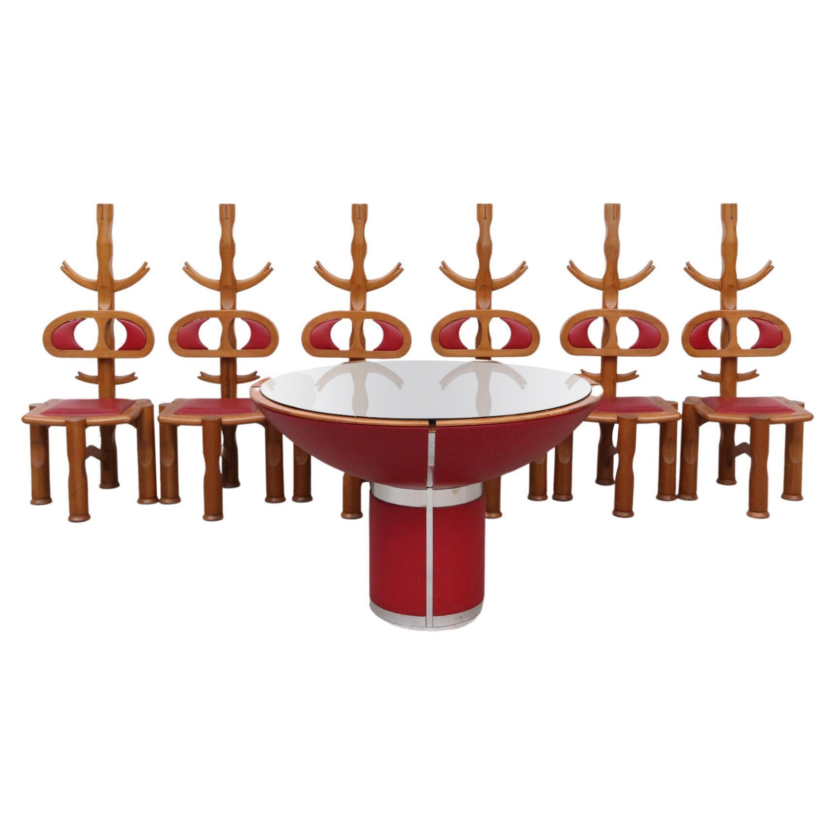 Mid-Century Bespoke Italian Carved Wood and Red Leather Card Table Set