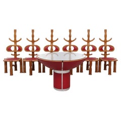 Mid-Century Bespoke Italian Carved Wood and Red Leather Card Table Set