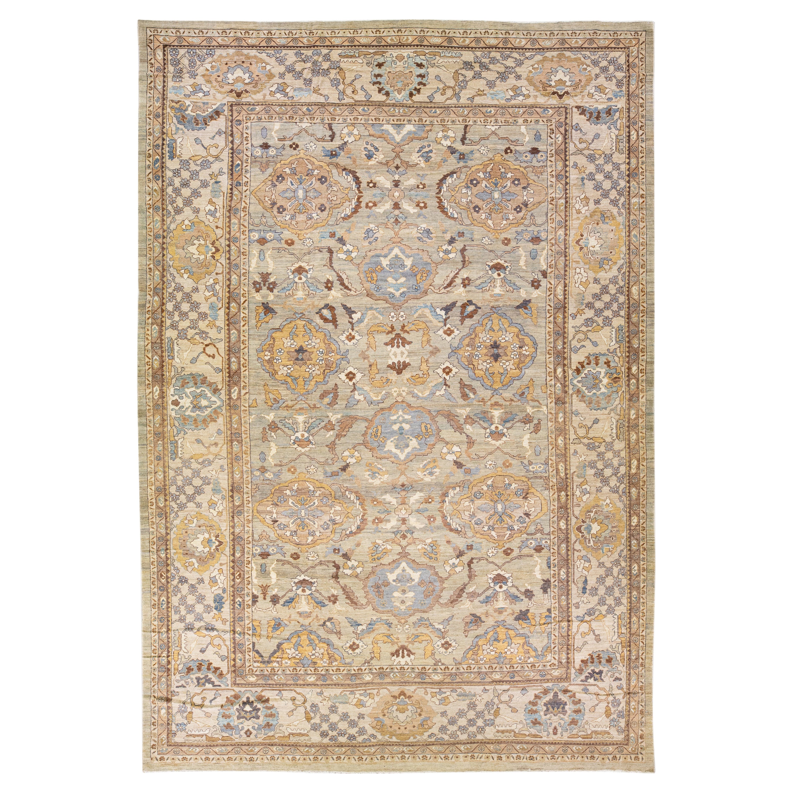 Grey and Beige Modern Handmade Sultanabad Oversize Floral Wool Rug