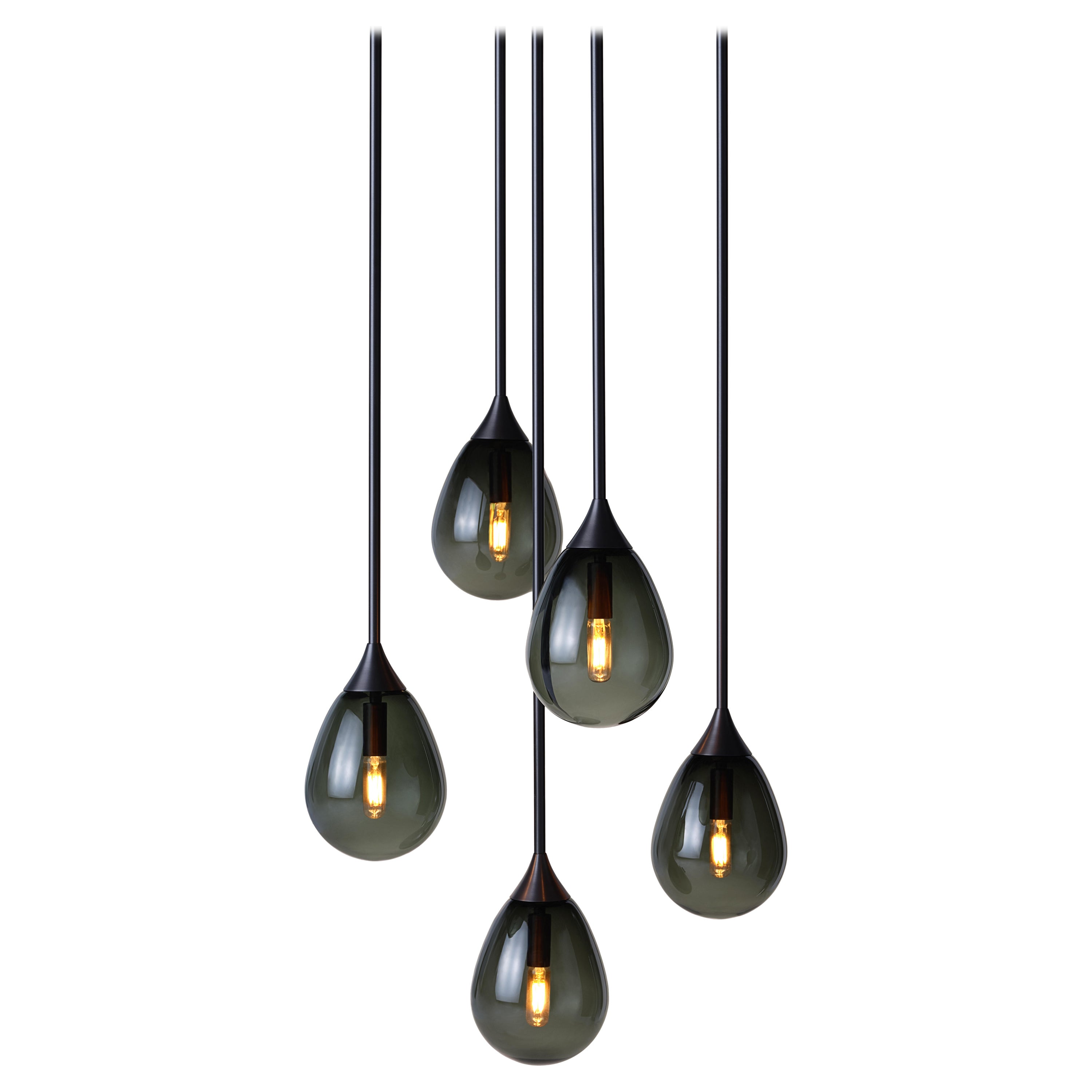 Konekt Small Teardrop Pendant 5 Cluster in Satin Black with Grey Glass For Sale