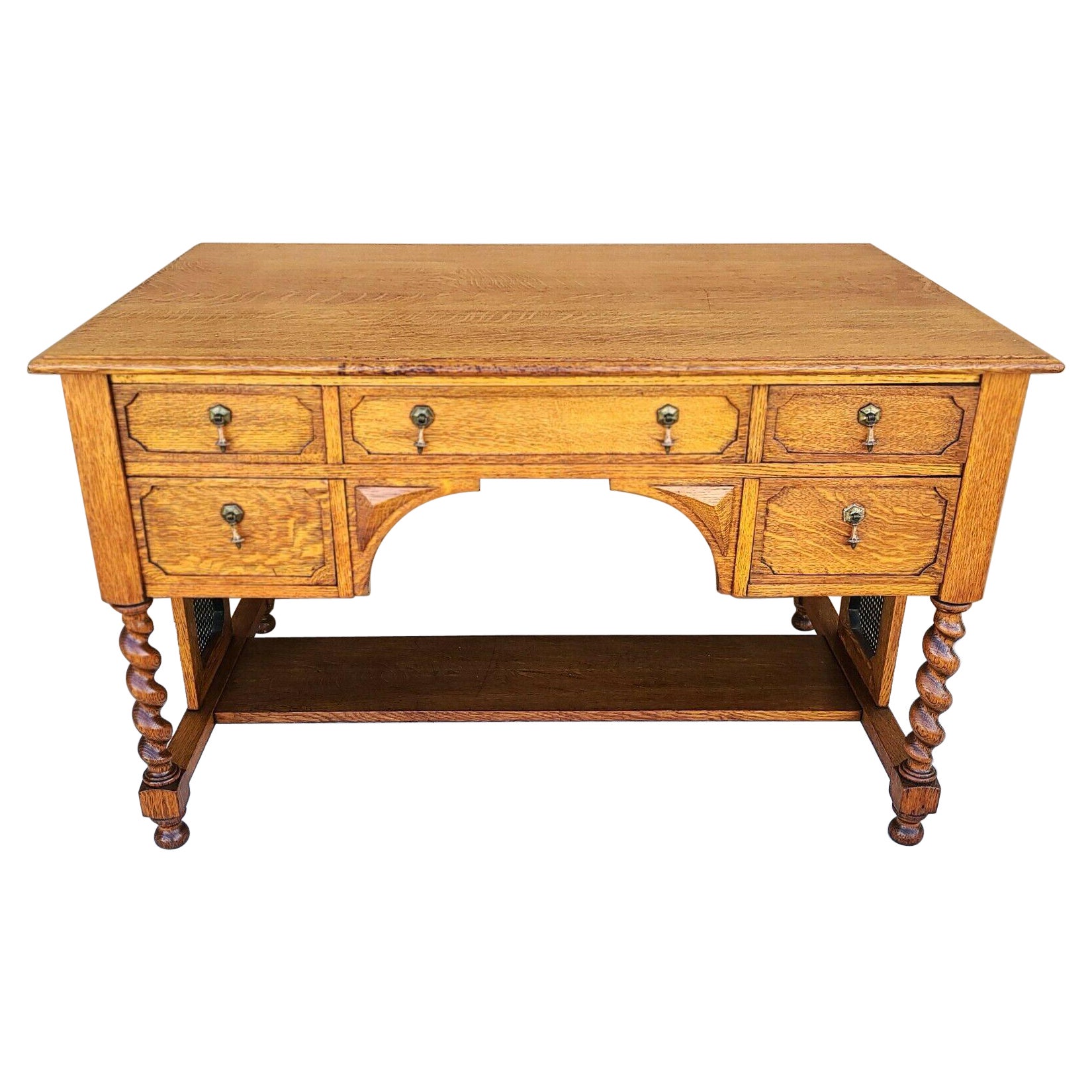 Antique French Barley Twist Oak & Cane Desk