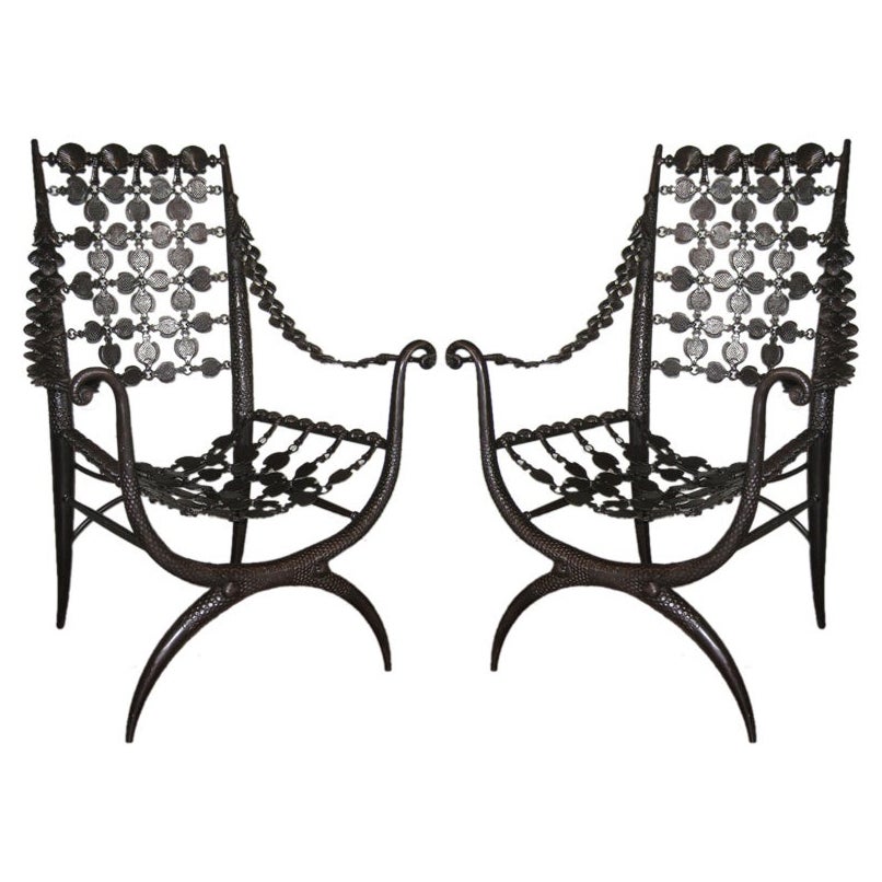 Pair French Modern Neoclassical Bronze Lounge Chairs, Style Armand Albert Rateau