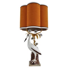 French Table Lamp with Porcelain Crane or Heron and Flowers, 1970s