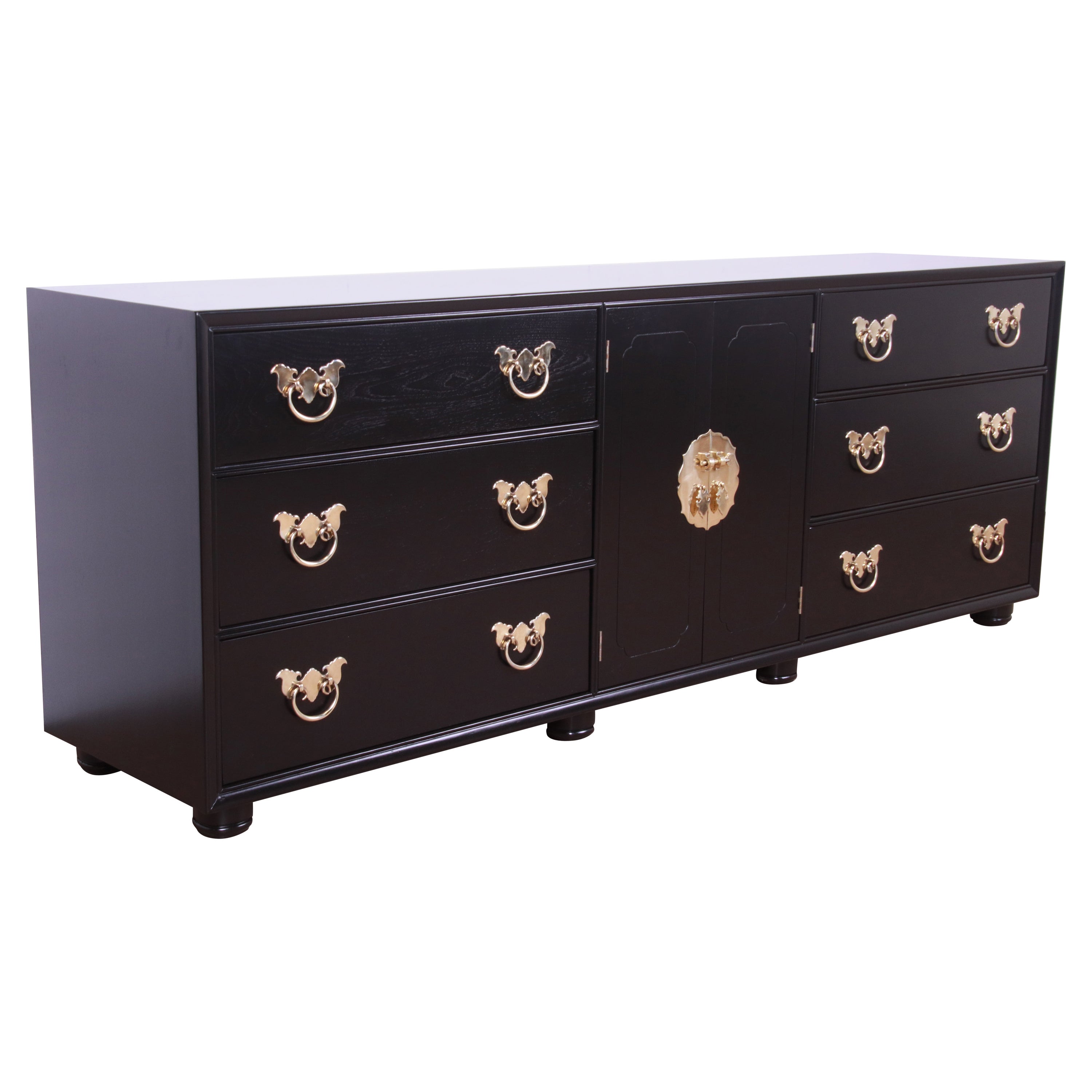 Henredon Hollywood Regency Chinoiserie Black Lacquered Dresser, Newly Refinished