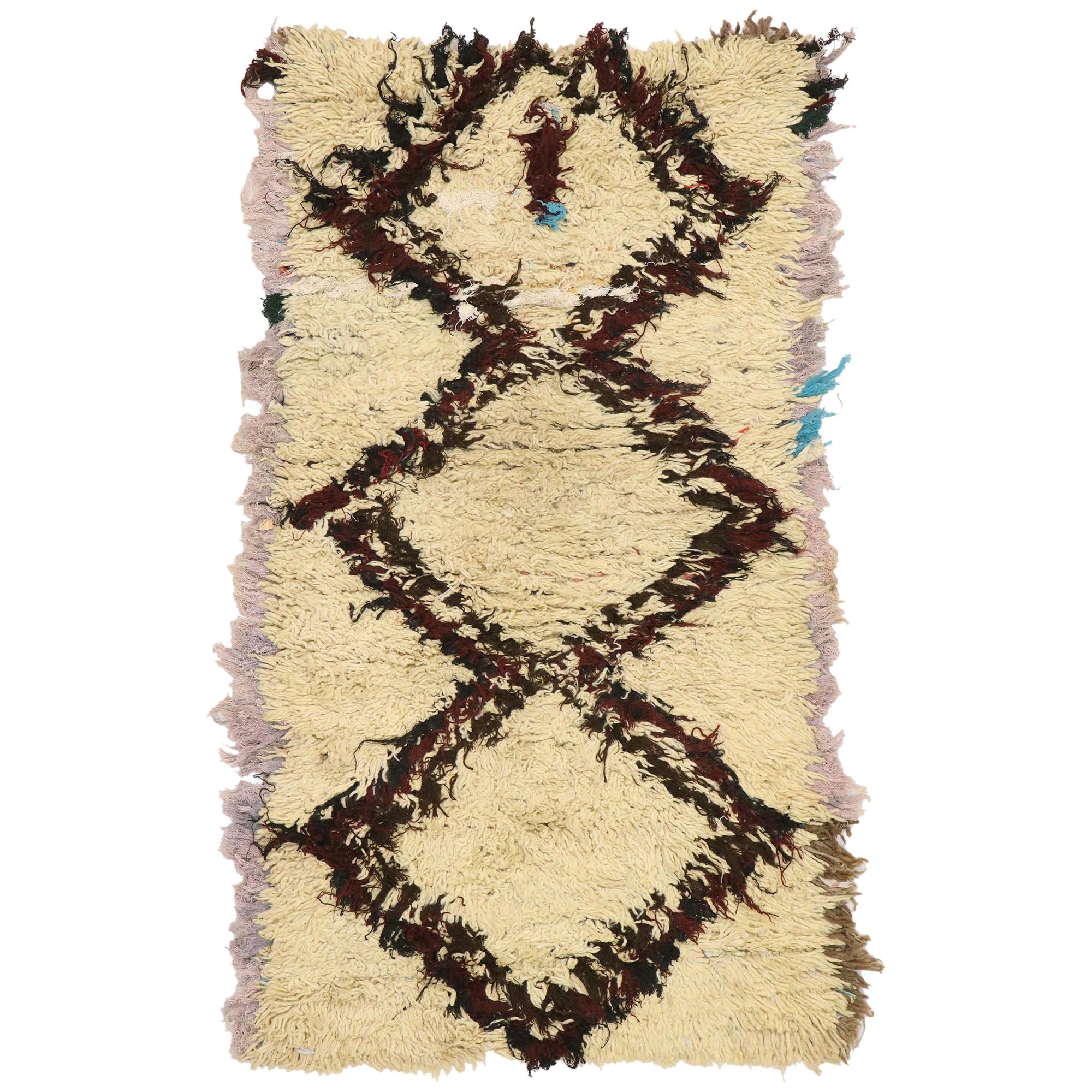 Vintage Boucherouite Moroccan Rug, Nomadic Charm Meets Natural Elegance For Sale