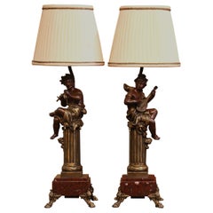 Pair of 19th Century French Spelter Cherub Musicians Table Lamps on Marble Bases
