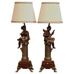 Antique Pair of 19th Century French Spelter Cherub Musicians Table Lamps on Marble Bases