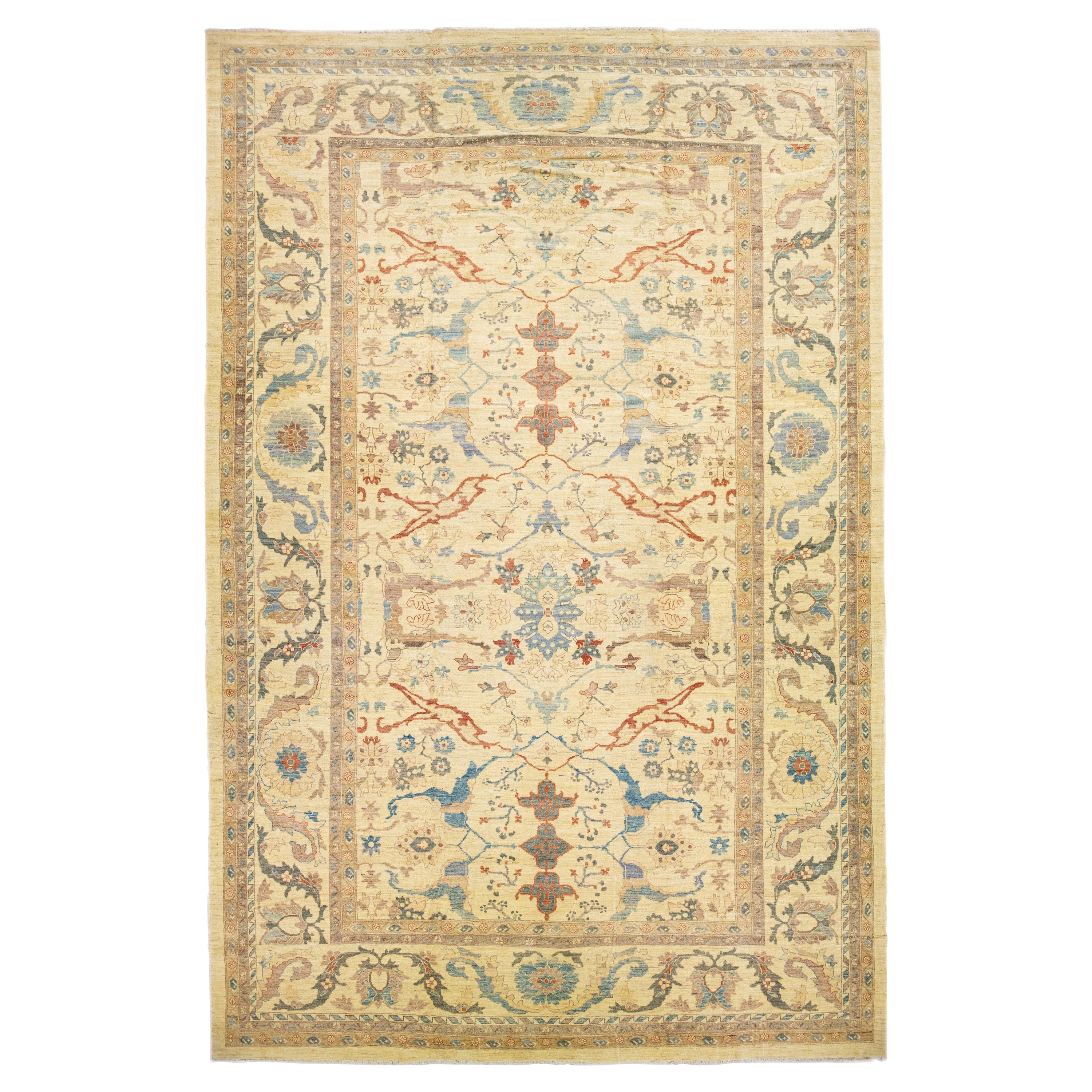 Tan Modern Sultanabad Handmade Oversize Floral Wool Rug For Sale