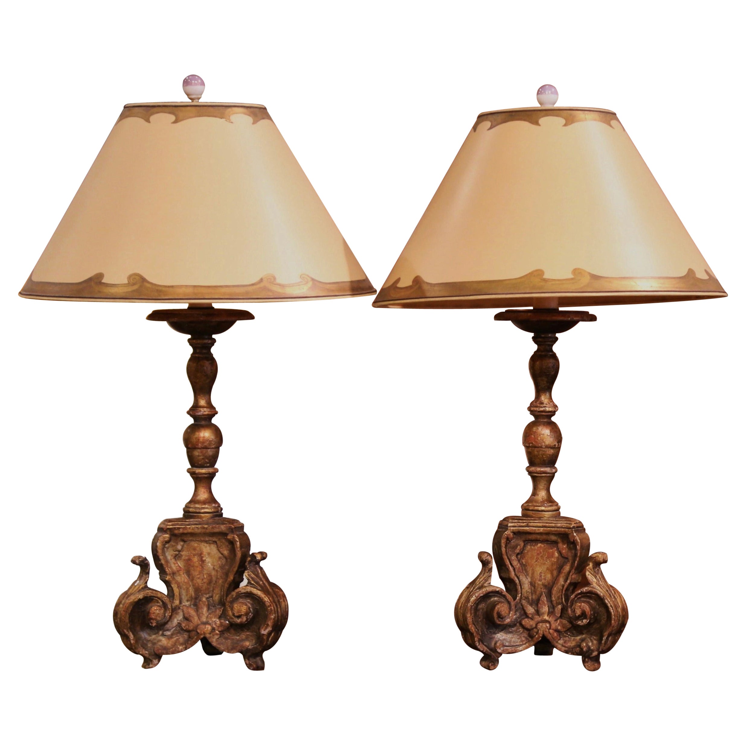 Pair of 19th Century Italian Carved Giltwood Painted Candlestick Table Lamps