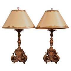 Pair of 19th Century Italian Carved Giltwood Painted Candlestick Table Lamps