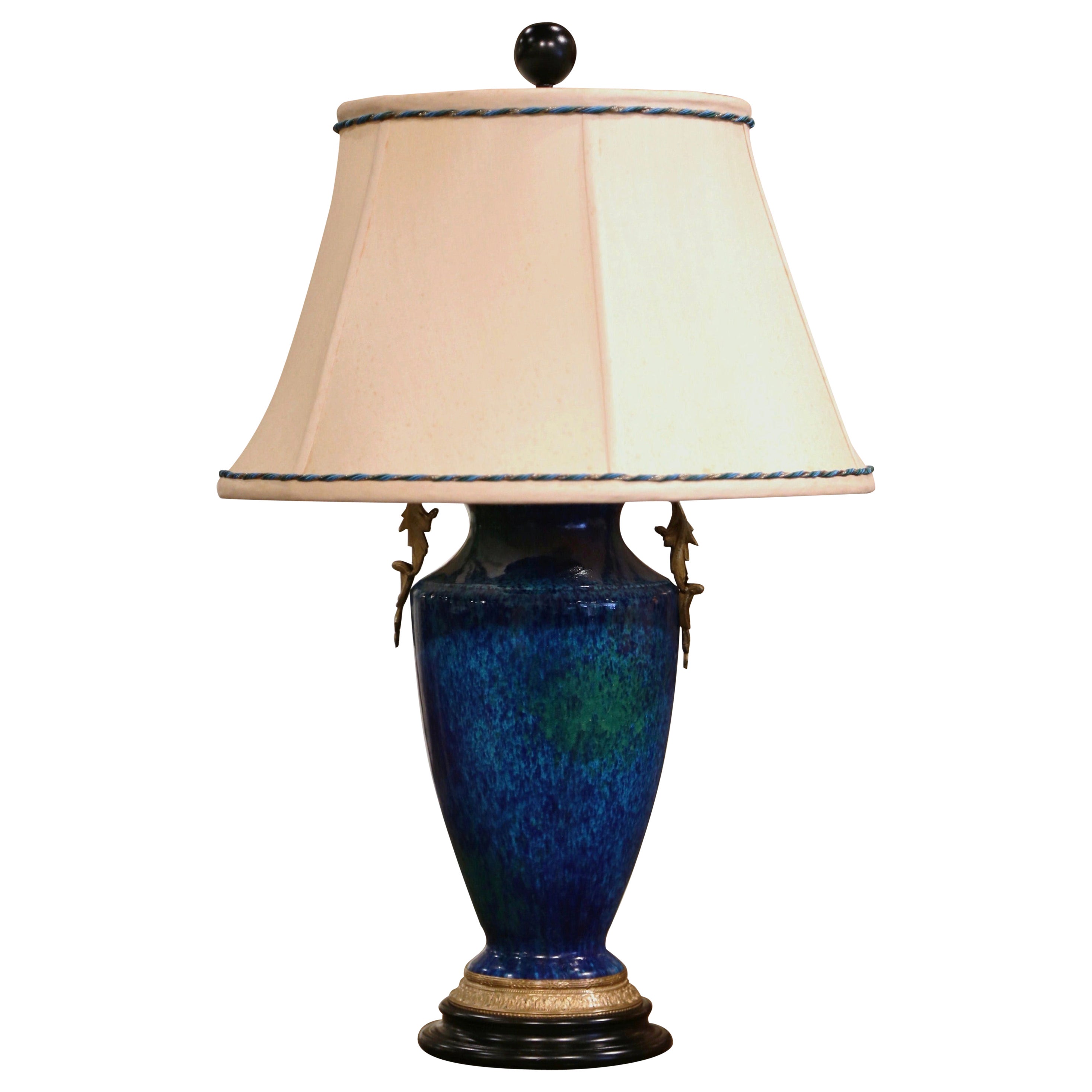 Mid-Century French Painted Ceramic and Bronze Urn Form Table Lamp with Shade