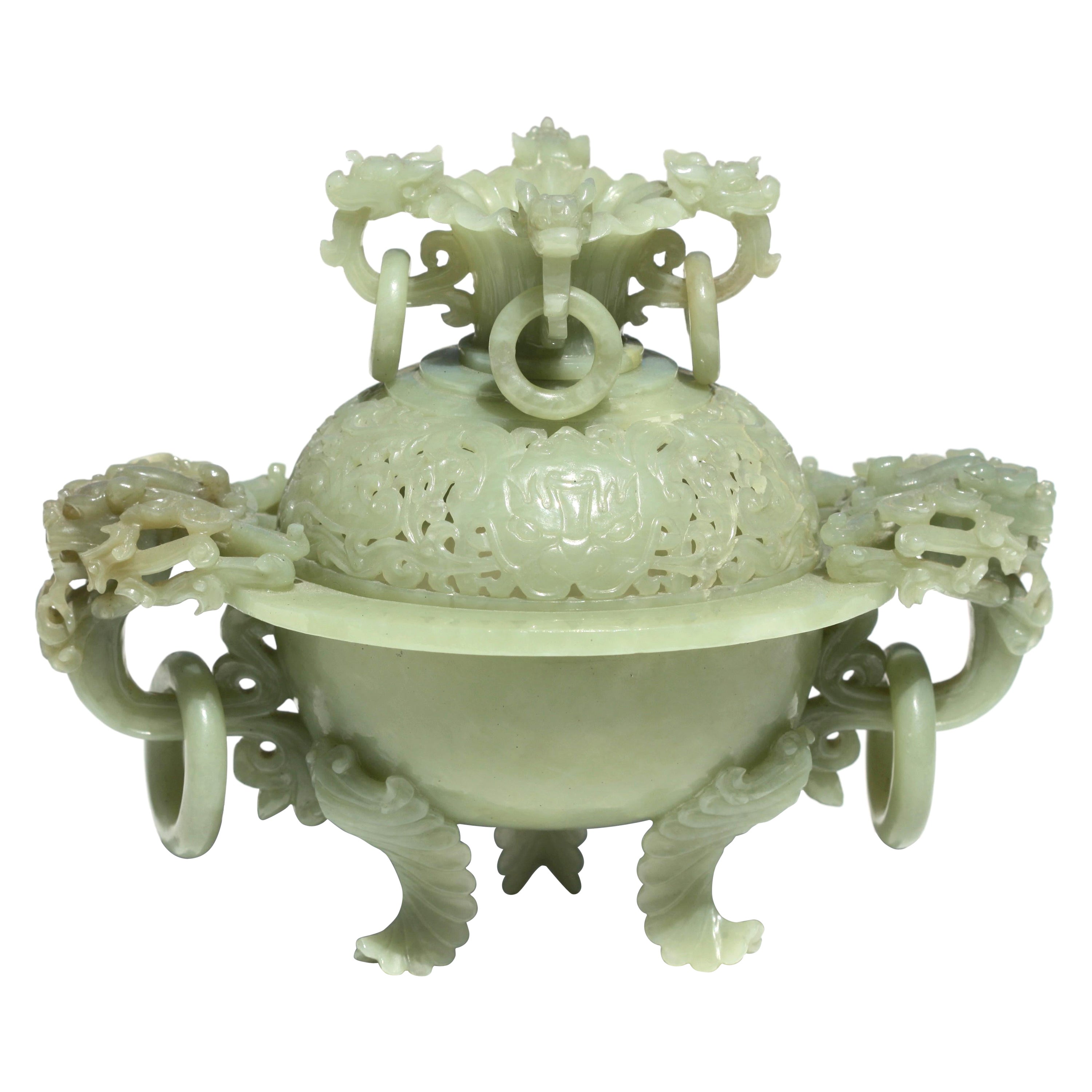 Exquisite CHINESE NATURAL WHITE JADE SKILLFULLY CARVED  INCENSE BURNER & LID 