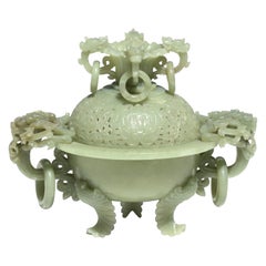 Chinese Carved Celadon Jade Tripod Incense Burner and Cover