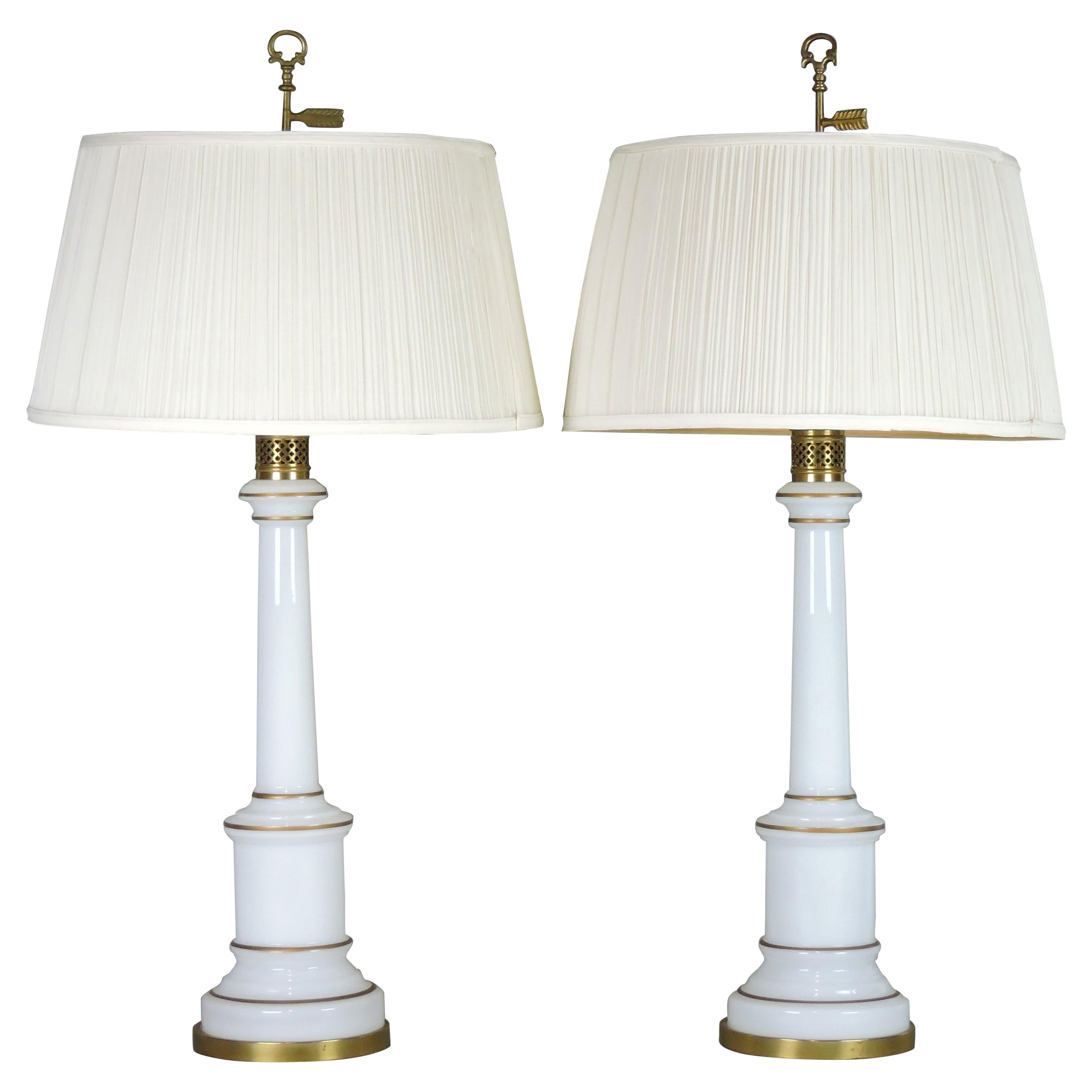 Pair of Warren Kessler White Opaline Glass and Brass Mid-Century Table Lamps