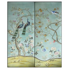Peacock Chinoiserie Wallpaper Hand Painted Wallpaper on EDO Silk, Accept Custom