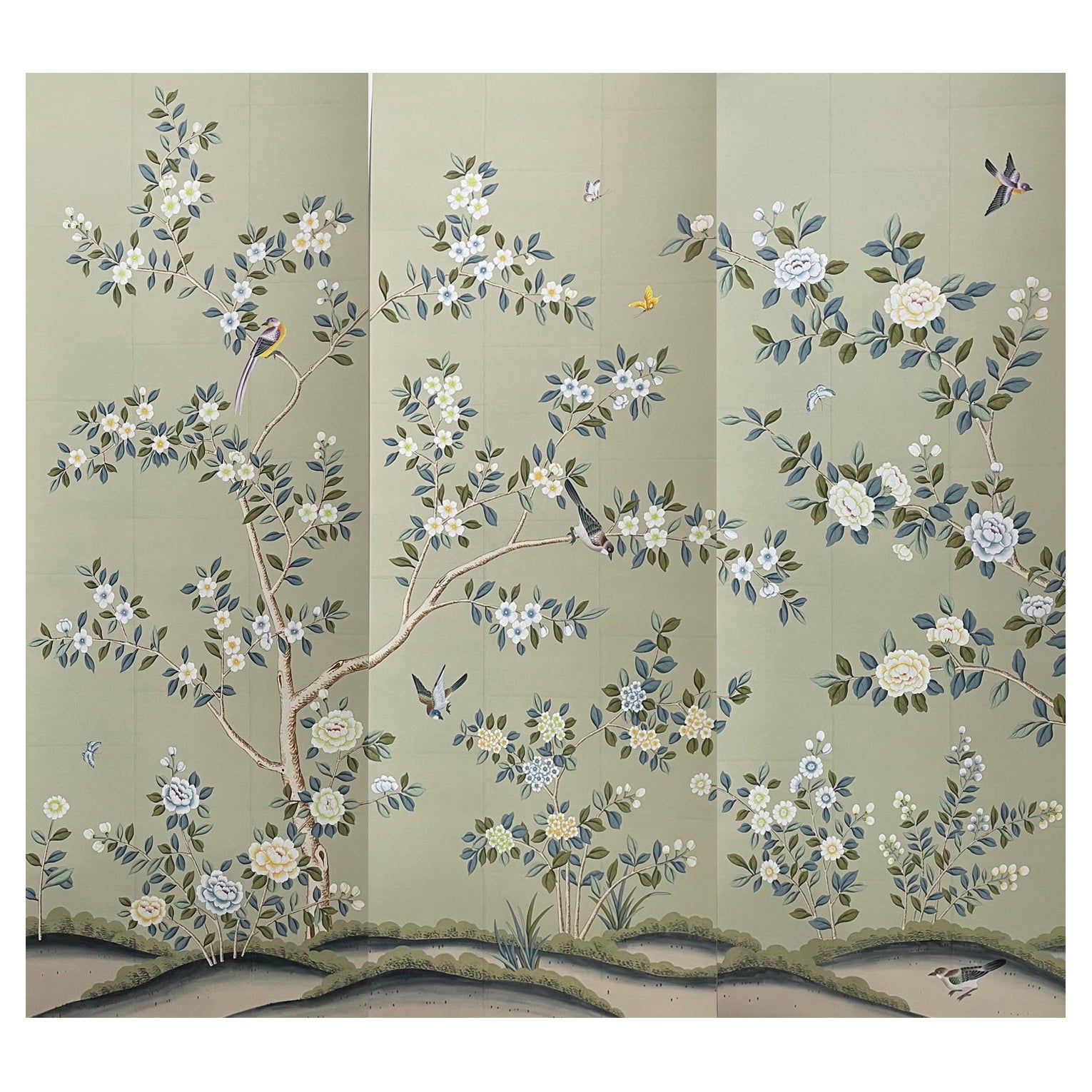 Floral Chinoiserie Wallpaper Hand Painted Wallpaper on Tea Paper, Accept Custom For Sale