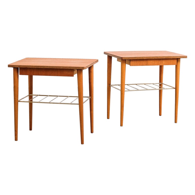 Scandinavian Teak & Brass Bedside Tables, 1950s, Set of 2 For Sale