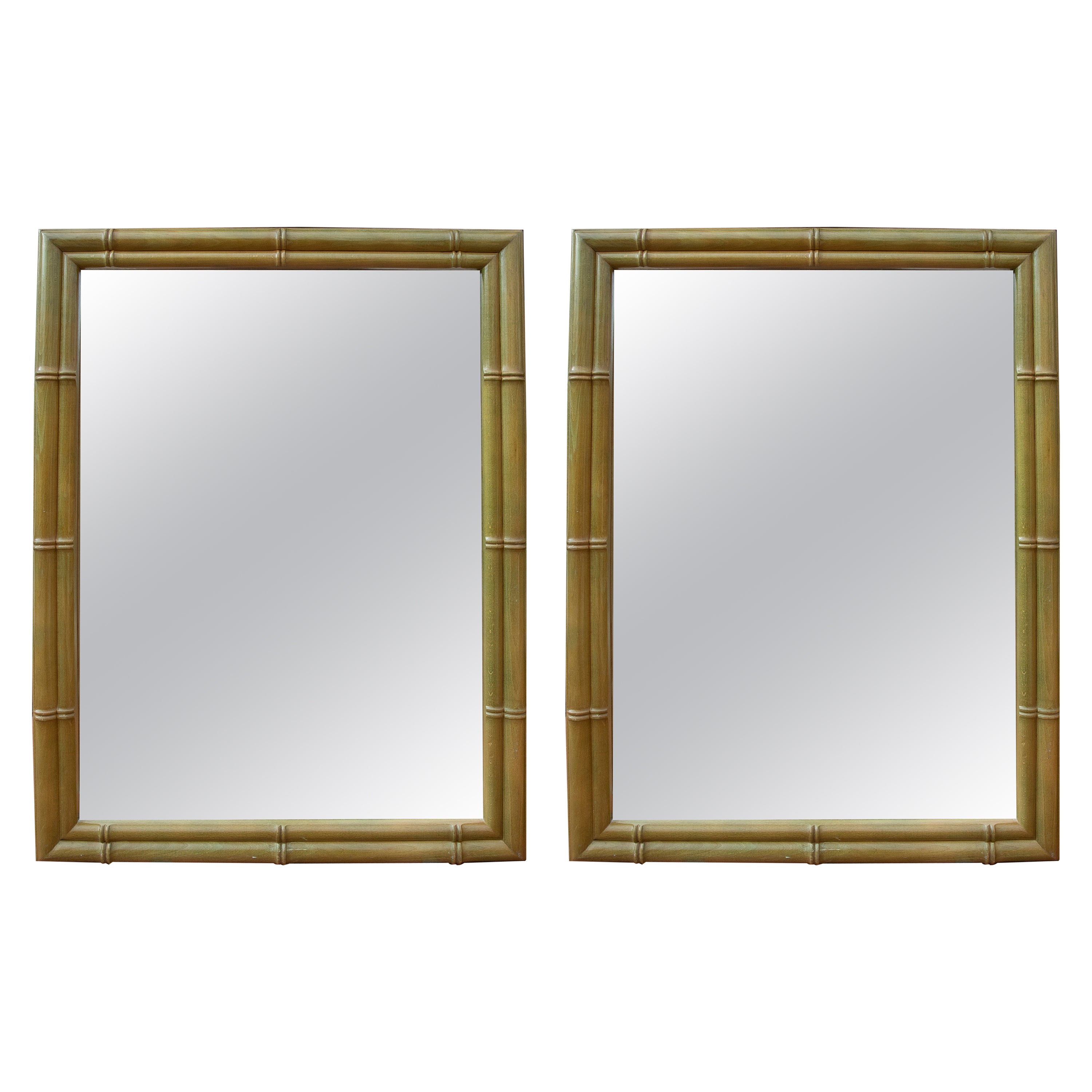 1980s Pair of Wooden Wall Mirrors in Green Colour Imitating Bamboo